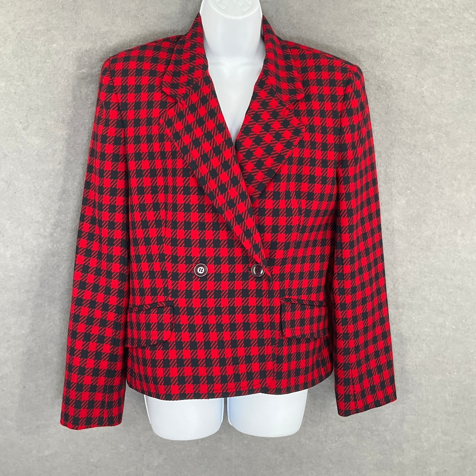 Liz Claiborne Blazer Sz 8 Red Black Houndstooth Wool Double Breasted Vtg Retro